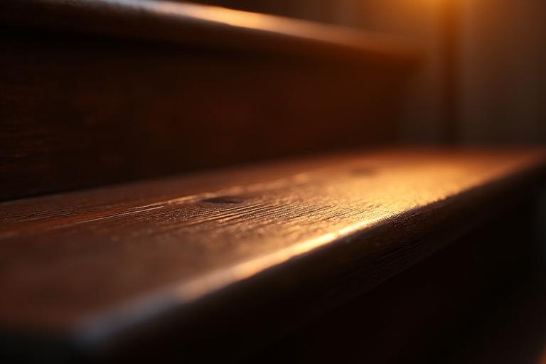Close-up of a heated wooden stair tread with subtle warmth emanating, perhaps a faint mist or softened light, indicating warmth and luxury.