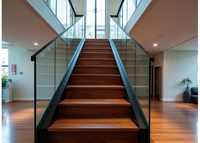 Staircase combining dark refined wood treads with a sleek black steel handrail and glass panels